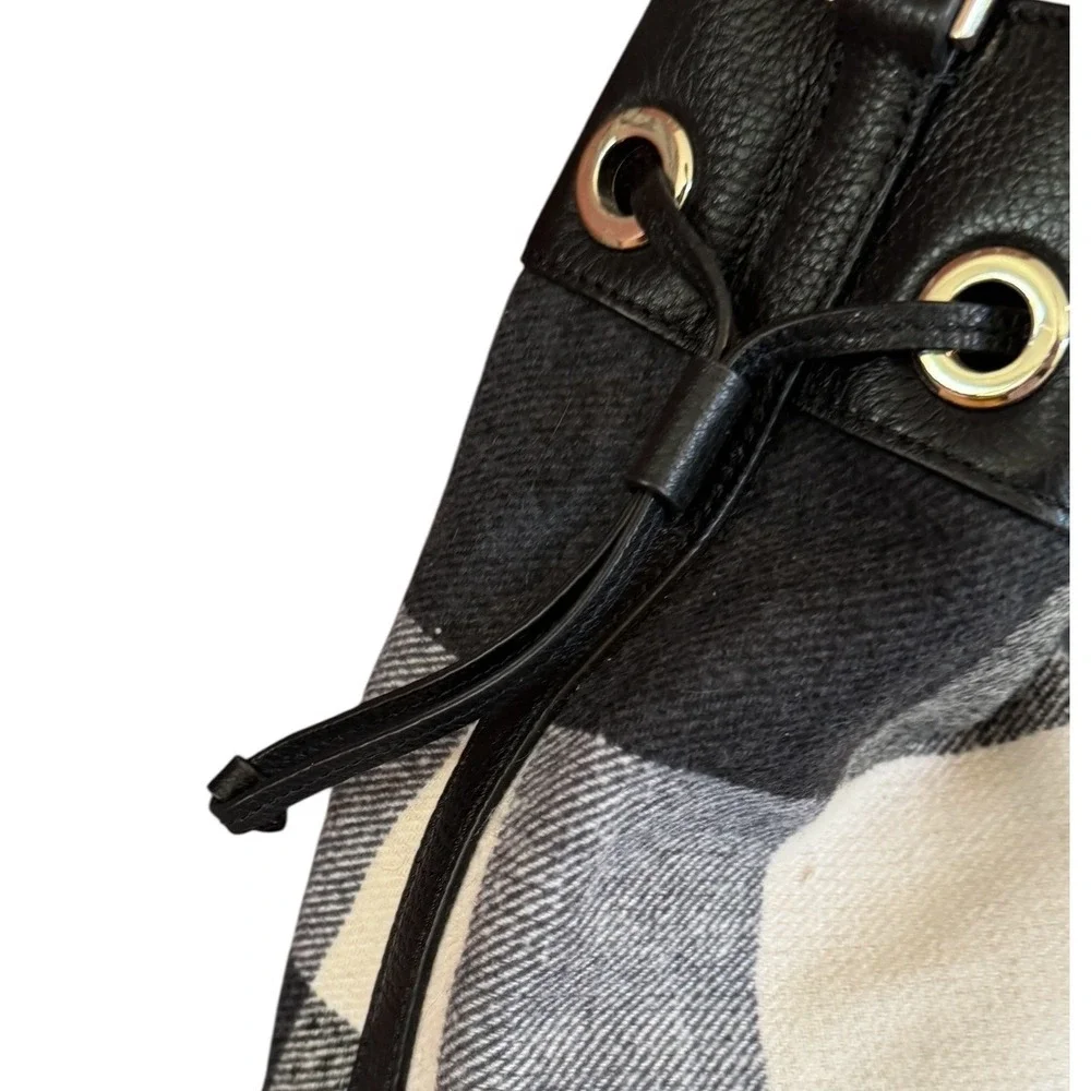 Kate Spade Marti Large Bucket Bag Buffalo Plaid Pebbled Leather Black White